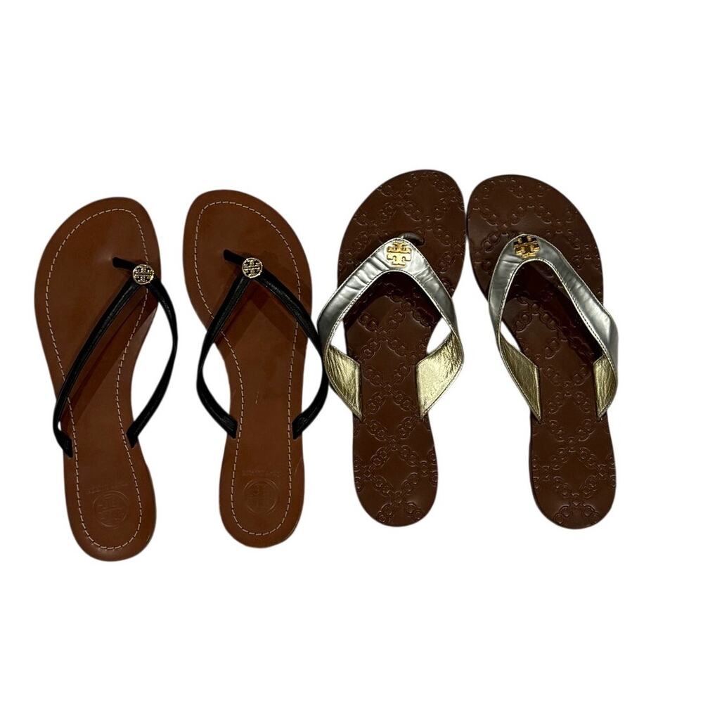 Tory Burch Miller Thong Sandal Lot 2 Pairs Womens 9 Black Silver Leather VGUC - Picture 1 of 16